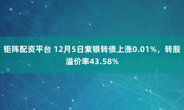 钜阵配资平台 12月5日紫银转债上涨0.01%，转股溢价率43.58%